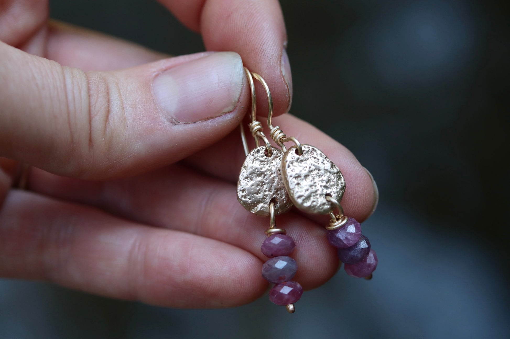 organic textured rustic bronze gold drop earrings rustic earthy  ruby earrings