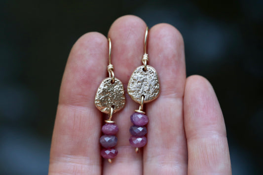 organic textured rustic bronze gold drop earrings rustic earthy  ruby earrings