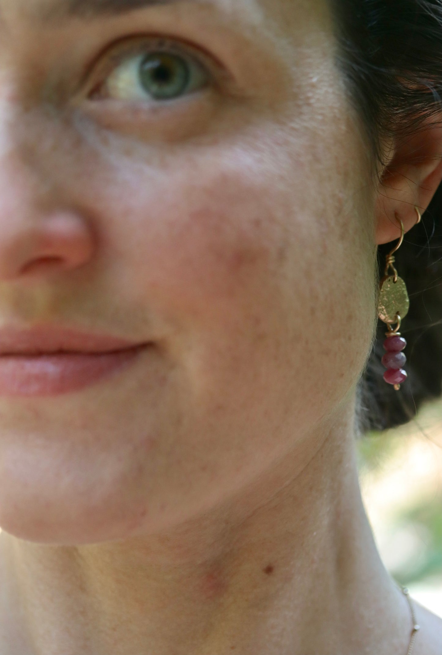 organic textured rustic bronze gold drop earrings rustic earthy  ruby earrings