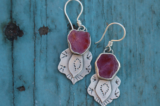 Embroidery Earrings//Raw Ruby